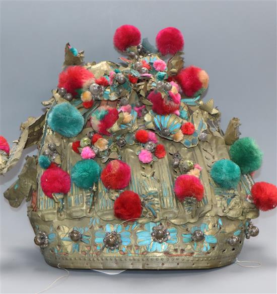 A 19th century 1860s Chinese gilt metal kingfisher feather and coloured pom pom theatrical headdress height 24cm